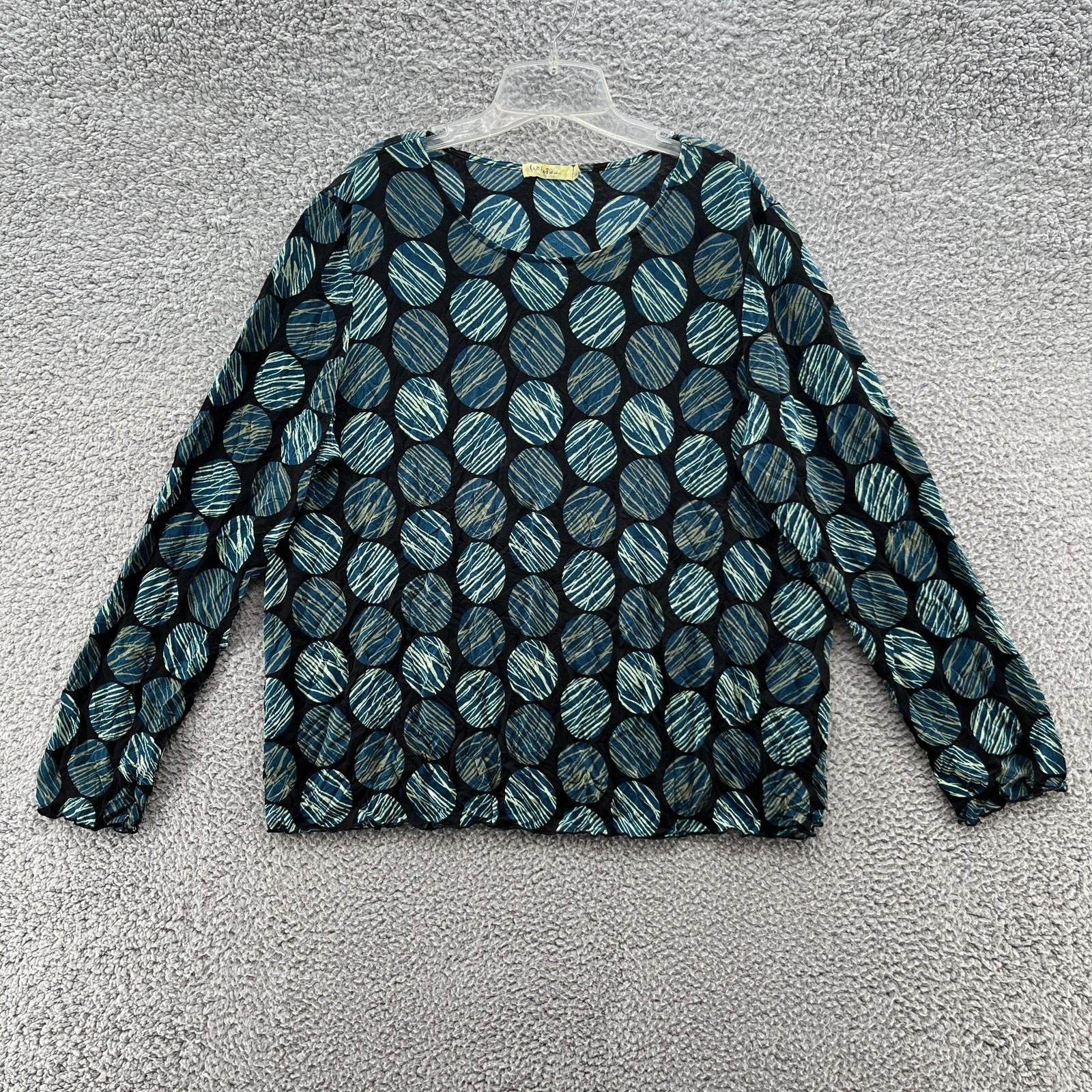 Chalet Top Womens Large Teal Black Polka Dot Crinkle Long Sleeve Art Shirt Usa